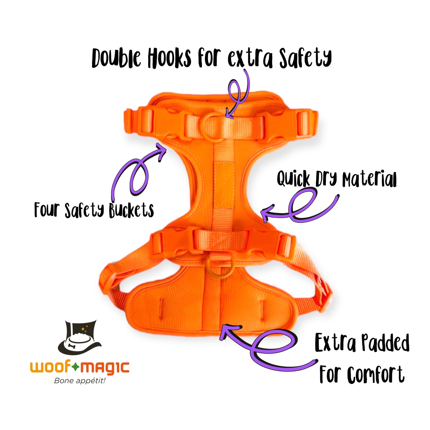 Woof Magic 乾爽防水胸帶，特製四點安全扣位，穿戴容易 Quick Dry Dog harness Orange (S)